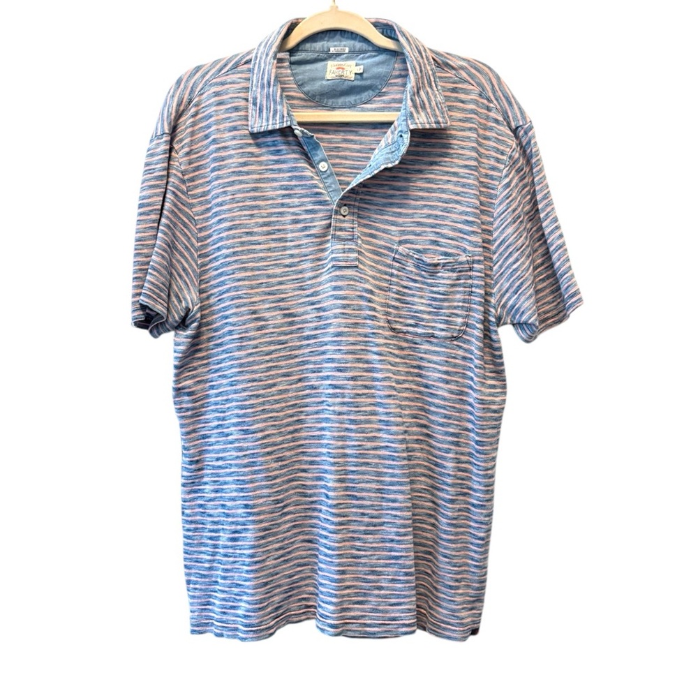 Faherty Short Sleeve Indigo Polo‎ Shirt Baypoint Stripe Cotton Size Large - Picture 2 of 8